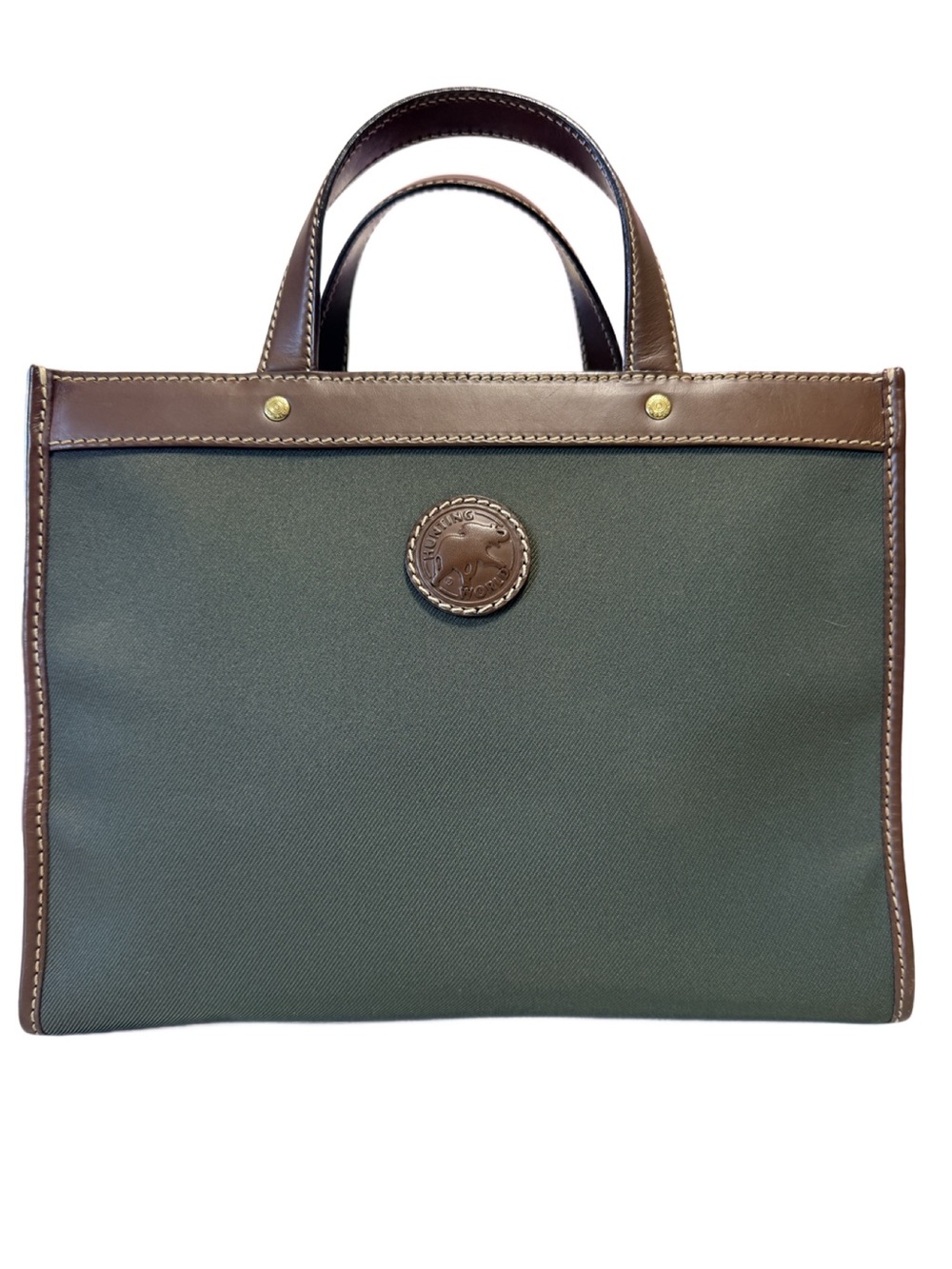 Hunting World Green Canvas Tote with Brown Leather Trim